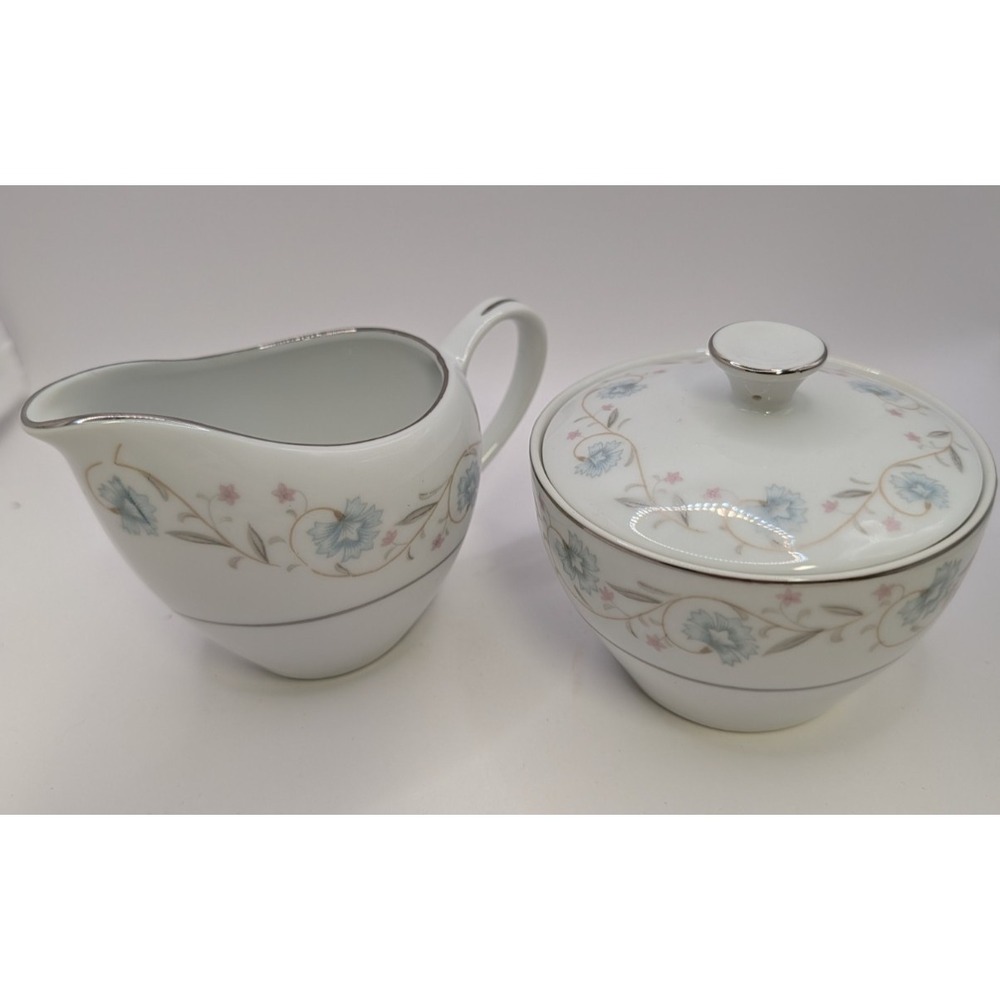 Vintage English Garden Sugar Bowl And Creamer Set Platinum Fine China Japan 1221